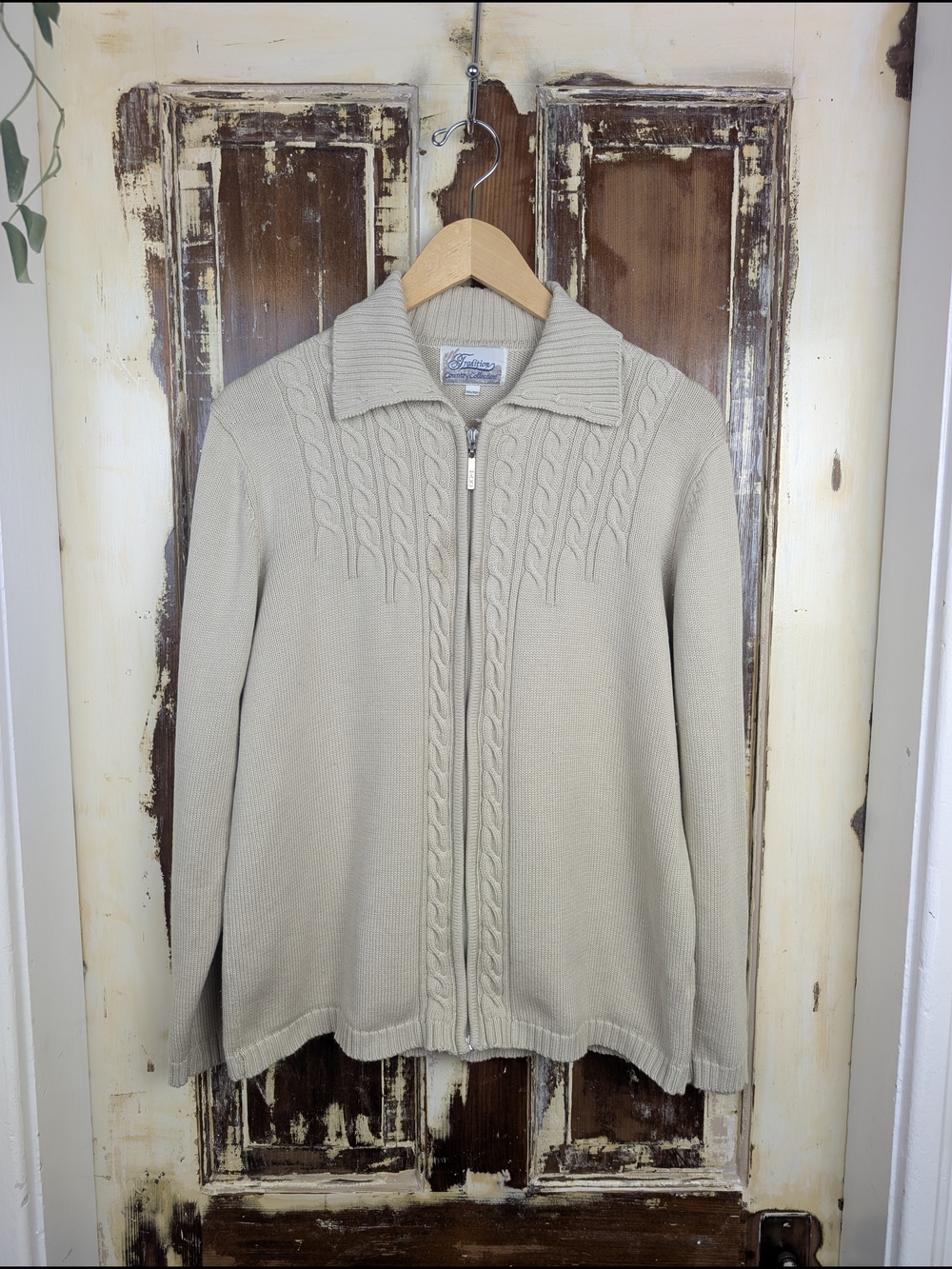 Vintage Tradition Beige Cable Knit Zip Cardigan Cottagecore Fits M/L